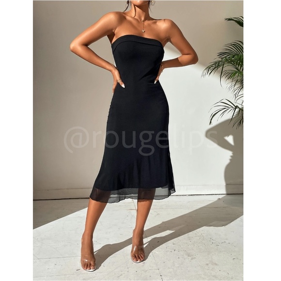 Strapless Tube Black Mesh Dress Stretchy Midi - Picture 6 of 10